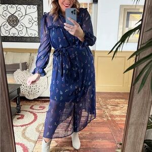 Eloquii Navy Floral Long Sleeve Dress